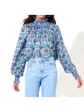 Oliphant High Neck Blouse Blue Napa Gold Size Small